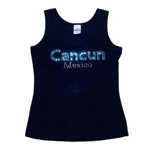 Y2k Tank Top Womens L Black Ribbed Sleeveless Cancun Mexico Rhinestone Shirt Vtg